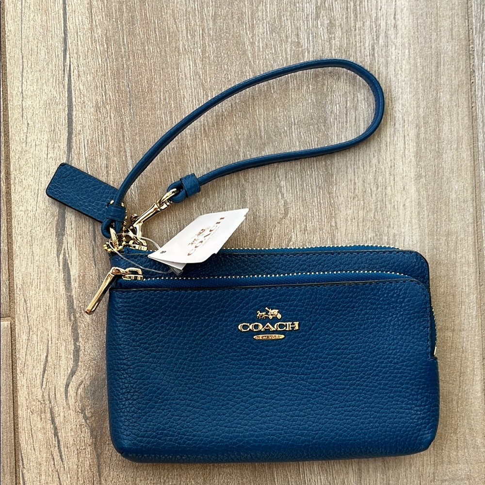 Coach Blue Double Zip Leather Wallet Wristlet